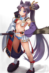 Rule 34 | 1girl, absurdres, armor, asymmetrical sleeves, bikini, bikini bottom only, black hair, blue eyes, blue panties, breasts, cape, cleavage, fate/grand order, fate (series), highres, holding, holding sword, holding weapon, japanese armor, katana, kusazuri, long hair, looking at viewer, medium breasts, mismatched sleeves, naked cape, navel, okitsugu, panties, pom pom (clothes), revealing clothes, side ponytail, simple background, smile, socks, solo, swimsuit, sword, underwear, ushiwakamaru (fate), very long hair, weapon, white background, white socks
