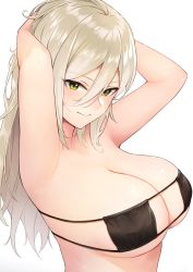 Rule 34 | 1girl, anza tomo, armpits, arms behind head, arms up, bad id, bad twitter id, bare shoulders, bikini, black bikini, blonde hair, blush, breasts, cleavage, closed mouth, collarbone, eyepatch bikini, green eyes, hair between eyes, highres, large breasts, long hair, looking at viewer, original, simple background, smile, solo, swimsuit, white background