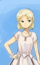 Rule 34 | 1girl, alternate costume, blonde hair, blue background, breasts, choker, collarbone, cowboy shot, dress, expressionless, green eyes, hand on own hip, looking to the side, mizuhashi parsee, pointy ears, ribbon choker, short hair, short sleeves, simple background, sinzan, small breasts, solo, touhou, white dress, wrist cuffs