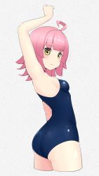 Rule 34 | ahoge, arm up, armpits, ass, blue one-piece swimsuit, blush, breasts, commentary request, cropped legs, expressionless, grey background, highres, kooei, looking at viewer, looking back, love live!, love live! nijigasaki high school idol club, one-piece swimsuit, pink hair, school swimsuit, short hair, sideboob, small breasts, solo, swimsuit, tennoji rina, thighs, yellow eyes