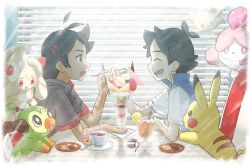 Rule 34 | 2boys, :d, alcremie, alcremie (strawberry sweet), antenna hair, ash ketchum, black hair, window blinds, blue eyes, blue jacket, chair, creatures (company), cup, drinking straw, food, fruit, game freak, gen 1 pokemon, gen 6 pokemon, gen 8 pokemon, goh (pokemon), grey shirt, grookey, highres, holding, holding spoon, jacket, lemon, lemon slice, lower teeth only, male focus, milcery, minato (mntnm), multiple boys, nintendo, open mouth, pikachu, pokemon, pokemon (anime), pokemon (creature), pokemon journeys, saucer, shirt, short hair, short sleeves, sleeveless, sleeveless jacket, slurpuff, smile, spoon, table, teacup, teeth, tongue, white shirt, window