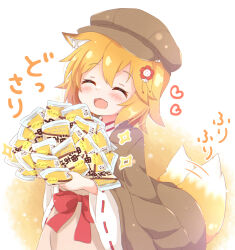 Rule 34 | 1girl, :d, ^ ^, afterimage, animal ear fluff, animal ears, apron, araki495, blonde hair, blush, bow, brown apron, brown coat, brown hat, cabbie hat, closed eyes, coat, coat on shoulders, commentary request, fang, flower, fox ears, fox girl, fox tail, hair between eyes, hair flower, hair ornament, hat, highres, japanese clothes, kimono, long sleeves, open mouth, red bow, red flower, revision, ribbon-trimmed sleeves, ribbon trim, senko (sewayaki kitsune no senko-san), sewayaki kitsune no senko-san, smile, solo, tail, tail wagging, translation request, white kimono, wide sleeves