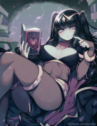 Rule 34 | 1girl, black hair, blunt bangs, bodystocking, book, book stack, bracelet, breasts, cape, cleavage, female focus, finger to cheek, fire emblem, fire emblem awakening, gorget, highres, holding, holding book, jewelry, large breasts, legs together, long hair, nintendo, open book, parororo, pelvic curtain, sitting, solo, tagme, tharja (fire emblem), thighlet, tiara
