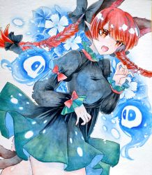 Rule 34 | 1girl, animal ears, ass, black dress, blue flower, bow, braid, cat ears, cat tail, chaka3464, cowboy shot, dress, extra ears, flower, hitodama, juliet sleeves, kaenbyou rin, long hair, long sleeves, multiple tails, pointy ears, puffy sleeves, red bow, red eyes, side braids, skull, solo, tail, touhou, traditional media, twin braids, two tails