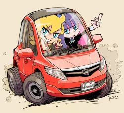 Rule 34 | 2girls, black dress, blonde hair, blue bow, blue eyes, blue hair, bow, car, dress, driving, hair between eyes, honda, jewelry, kiichi, long hair, middle finger, motor vehicle, multicolored hair, multiple girls, nail polish, open mouth, panty &amp; stocking with garterbelt, panty (psg), pink hair, red dress, simple background, smile, stocking (psg), two-tone hair, vehicle