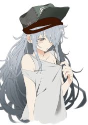 Rule 34 | 1girl, absurdres, bare shoulders, blush stickers, brown eyes, clothing cutout, collarbone, flat chest, g11 (girls&#039; frontline), girls&#039; frontline, grey hair, grey shirt, hair between eyes, hat, highres, long hair, looking down, messy hair, open mouth, ripod, scarf, shirt, shirt tug, shoulder cutout, sidelocks, simple background, very long hair, white background
