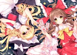 Rule 34 | 2girls, absurdres, apron, black dress, blonde hair, blush, book, hugging book, bow, bowtie, braid, brown hair, collarbone, detached sleeves, dress, frilled sleeves, frills, gohei, hair bow, hair tubes, hakurei reimu, hat, hat bow, highres, holding, holding book, huge filesize, japanese clothes, kirisame marisa, long hair, long sleeves, looking at viewer, lying, mochizuki shiina, multiple girls, nontraditional miko, hugging object, ofuda, on back, parted lips, puffy short sleeves, puffy sleeves, red bow, red shirt, red skirt, ribbon-trimmed sleeves, ribbon trim, rotational symmetry, scan, shirt, short sleeves, side braid, sidelocks, skirt, skirt set, smile, star (symbol), touhou, waist apron, white bow, wide sleeves, witch hat, yellow bow, yellow eyes, yellow neckwear