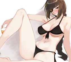Rule 34 | 1girl, alcohol, bare shoulders, bikini, black bikini, blush, braid, breasts, brown eyes, brown hair, cameltoe, cleavage, commentary request, cup, eyepatch, feet out of frame, girls&#039; frontline, highres, holding, holding cup, large breasts, leg up, legs, long hair, looking at viewer, m16a1 (girls&#039; frontline), navel, ohc., sidelocks, simple background, smile, solo, spread legs, swimsuit, very long hair, whiskey, white background