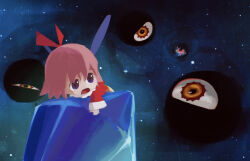 Rule 34 | 1girl, blue eyes, commentary request, crystal, dark matter (kirby), darkness, dress, fairy, fairy wings, flying, hair between eyes, hair ribbon, highres, holding crystal, kirby (series), kirby 64, long sleeves, looking at another, looking back, nintendo, one-eyed, open mouth, pink hair, planet, red dress, red ribbon, ribbon, ribbon (kirby), ripple star, short hair, space, star (sky), star (symbol), suyasuyabi, wings, yellow eyes