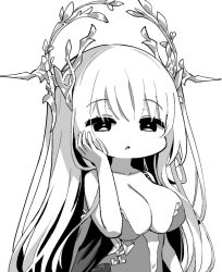 1girl azur_lane azur_lane:_slow_ahead breasts center_opening chibi chibi_only cleavage greyscale hair_ornament hand_on_own_cheek hand_on_own_face hori_(hori_no_su) large_breasts long_hair looking_at_viewer monochrome napoli_(azur_lane) official_art simple_background solo upper_body very_long_hair white_background