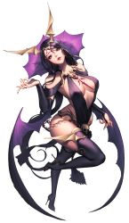 Rule 34 | 1girl, alternate costume, bare shoulders, black footwear, black thighhighs, boots, breasts, bridal gauntlets, chaos online, demon wings, full body, head tilt, high heel boots, high heels, highres, long hair, looking at viewer, love cacao, nivas, official art, parted lips, purple eyes, purple hair, skull, solo, thigh boots, thighhighs, transparent background, very long hair, wings