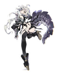 Rule 34 | 1girl, absurdres, arknights, ass, bent over, black footwear, black thighhighs, crocodilian tail, detached sleeves, from behind, full body, gloves, grey hair, hayakawa harui, high heels, highres, large tail, leg up, long hair, long legs, long sleeves, looking at viewer, looking back, partially fingerless gloves, pointy ears, simple background, solo, tail, thighhighs, tomimi (arknights), torn clothes, torn thighhighs, white background, yellow eyes