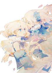 Rule 34 | 2girls, blonde hair, blue bow, blue bowtie, blue dress, blue eyes, blue flower, bow, bowtie, commentary, crying, crying with eyes open, dress, closed eyes, falling petals, flower, frills, hair flower, hair ornament, highres, lobelia (saclia), long hair, looking at another, multiple girls, off-shoulder dress, off shoulder, original, parted lips, petals, pink flower, short hair, simple background, tears, upper body, white background