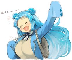 Rule 34 | 1girl, backpack, bag, blue hair, blush, breasts, closed eyes, creatures (company), double bun, game freak, gen 1 pokemon, hair bun, heart, heart in mouth, horns, kusanagi kaoru, lapras, large breasts, long hair, long sleeves, nintendo, open mouth, personification, pokemon, ribbon, school uniform, simple background, single horn, smile, solo, upper body, white background
