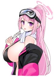 Rule 34 | 1girl, blue archive, blush, bra, breasts, commentary, eimi (blue archive), eimi (swimsuit) (blue archive), food, goggles, halo, highres, huge breasts, jacket, long hair, looking at viewer, ponytail, popsicle, purple eyes, shiromoca, ski goggles, solo, tongue, tongue out, underwear, white background