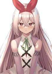 Rule 34 | 1girl, :t, bare shoulders, blush, bow, braid, closed mouth, collared dress, commentary, crossed bangs, detached sleeves, dress, french braid, gloves, green ribbon, grey hair, hair between eyes, hairband, half updo, highres, long hair, looking at viewer, mahcdai, neck ribbon, original, red bow, red eyes, red hairband, ribbon, sidelocks, simple background, sleeveless, sleeveless dress, solo, straight hair, tsurime, v-shaped eyebrows, white background, white dress