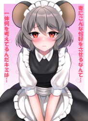 Rule 34 | 1girl, alternate costume, animal ears, apron, black dress, blush, closed mouth, collared shirt, commentary request, cowboy shot, dress, enmaided, frilled apron, frills, frown, grey hair, hair between eyes, highres, looking at viewer, maid, maid headdress, mattyakinako (odango imomushi), medium bangs, mouse ears, mouse girl, nazrin, nazrin day, pinafore dress, pink background, puffy short sleeves, puffy sleeves, red eyes, shirt, short hair, short sleeves, sleeveless, sleeveless dress, solo, touhou, translation request, waist apron, white apron, white shirt