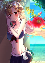 Rule 34 | 1girl, against wall, alternate costume, amagami (makise tsubaki), beach, bikini, bikini skirt, black ribbon, blonde hair, blue sky, blurry, blurry foreground, blush, braid, breasts, cleavage, cloud, collarbone, commentary request, day, front-tie bikini top, front-tie top, groin, hair flaps, hair ornament, hair ribbon, hairclip, highres, kantai collection, long hair, looking at viewer, ocean, outdoors, palm leaf, red eyes, revision, ribbon, sand, shade, side braid, sidelocks, sky, smile, solo, stomach, swimsuit, yuudachi (kancolle), yuudachi kai ni (kancolle)