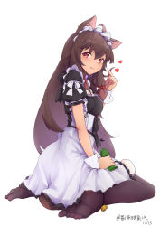 Rule 34 | 1girl, :q, absurdres, animal ears, black pantyhose, breasts, brown hair, full body, highres, hinanawi mika, long hair, looking at viewer, looking to the side, maid, maid headdress, no shoes, original, pantyhose, puffy short sleeves, puffy sleeves, red eyes, short sleeves, sitting, soles, tail, tongue, tongue out, wariza