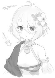 Rule 34 | 1girl, antenna hair, dress, flower, greyscale, hair between eyes, hair flower, hair ornament, kiikii (kitsukedokoro), kokkoro (princess connect!), looking at viewer, monochrome, pointy ears, princess connect!, short hair, simple background, solo, tales of (series), tales of xillia, teepo (tales), white background