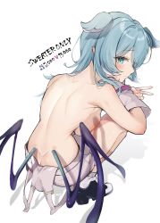 Rule 34 | 1girl, aqua eyes, back, bare back, bare shoulders, blue hair, breasts, butt crack, elira pendora, from behind, gloves, hair over one eye, head wings, highres, large breasts, long hair, looking at viewer, looking back, low wings, meme, naked overalls, nijisanji, nijisanji en, oimo 0imo, overalls, sideboob, simple background, single glove, squatting, topless, twitter strip game (meme), v, virtual youtuber, white background, wings