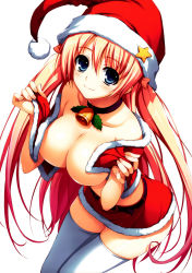 Rule 34 | 1girl, bell, blonde hair, blue eyes, blush, breasts, choker, christmas, cleavage, collarbone, fur-trimmed headwear, fur-trimmed shirt, fur-trimmed skirt, fur trim, hat, highres, large breasts, long hair, looking at viewer, mistletoe, open clothes, open shirt, original, pom pom (clothes), red headwear, red shirt, red skirt, santa costume, santa hat, shirt, skirt, smile, source request, standing, star (symbol), thighhighs, tomose shunsaku, twintails, undressing, white background, white thighhighs