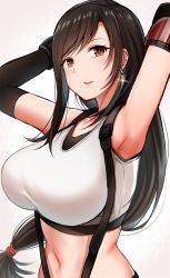 Rule 34 | 1girl, armpits, arms behind head, black hair, blush, breasts, earrings, final fantasy, final fantasy vii, final fantasy vii remake, gloves, hair between eyes, highres, jewelry, large breasts, long hair, looking at viewer, low-tied long hair, midriff, moruta (sunu-pio), navel, open mouth, red eyes, shirt, skirt, solo, suspender skirt, suspenders, tank top, taut clothes, taut shirt, tifa lockhart, white tank top