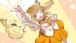 Rule 34 | 1girl, animare, blonde hair, brown hair, commentary request, hair ornament, inaba haneru (animare), instrument, looking up, nanashi inc., one eye closed, pointing, pointing up, rabbit ears, sanrio, shimotsuki yukito, solo, trumpet, twintails, virtual youtuber, yellow eyes