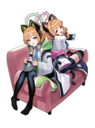 Rule 34 | 2girls, absurdres, animal ear headphones, animal ears, anizi, black thighhighs, blonde hair, blue archive, blue bow, blue necktie, bow, cat ear headphones, commentary request, couch, fake animal ears, green eyes, hair bow, halo, handheld game console, headphones, highres, holding, holding handheld game console, jacket, long sleeves, looking at viewer, midori (blue archive), momoi (blue archive), multiple girls, necktie, on couch, open mouth, pink eyes, red bow, short hair, siblings, simple background, sisters, sitting, tail, thighhighs, twins, white background, white jacket