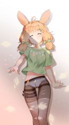 Rule 34 | 1girl, absurdres, ahoge, animal ears, arknights, bad id, bad pixiv id, black pantyhose, blonde hair, bluerabbit gap, breasts, closed eyes, closed mouth, commentary, cowboy shot, female focus, green shirt, hair ornament, hair ribbon, hairclip, highres, kroos (arknights), looking at viewer, medium hair, midriff, no pants, panties, panties under pantyhose, pantyhose, rabbit ears, ribbon, shade, shadow, shirt, short sleeves, simple background, small breasts, smile, solo, standing, sunlight, t-shirt, thigh gap, torn clothes, torn pantyhose, tress ribbon, twintails, underwear, white background, white panties