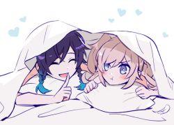 Rule 34 | 1boy, 1girl, androgynous, bad id, bad pixiv id, barbara (genshin impact), bed, bed sheet, black hair, blanket, blonde hair, blue eyes, blue hair, blush, braid, closed eyes, drill hair, finger to mouth, genshin impact, gradient hair, heart, long hair, multicolored hair, open mouth, pout, rome romedo, shushing, simple background, smile, twin braids, twin drills, twintails, under covers, venti (genshin impact), white background
