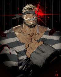 Rule 34 | 1boy, balor (housamo), bara, beard, black hair, blue eyes, chain, chest hair, cuffs, facial hair, fang, glowing, glowing eye, gomtang, handcuffs, jewelry, large pectorals, long sleeves, looking at viewer, male focus, mouth hold, multicolored hair, muscular, necklace, pectorals, prison clothes, red eyes, scar, shirt, solo, tearing clothes, teeth, tokyo houkago summoners, torn clothes, two-tone hair, upper body