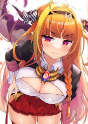 Rule 34 | 1girl, ahoge, arm behind back, black jacket, blonde hair, blunt bangs, blush, bow, braid, breasts, bright pupils, brooch, brown hairband, chain, chain necklace, cleavage, cleavage cutout, clothing cutout, collared shirt, commentary request, cowboy shot, diagonal-striped bow, dragon girl, dragon horns, dragon tail, gem, hairband, hand on own hip, highres, hip vent, hololive, horn bow, horn ornament, horns, jacket, jewelry, kiryu coco, kiryu coco (1st costume), large breasts, leaning forward, long hair, looking at viewer, miniskirt, multicolored eyes, multicolored hair, necklace, orange hair, pleated skirt, pointy ears, purple eyes, red eyes, red skirt, shirt, side-tie skirt, side braid, sidelocks, simple background, single braid, skirt, slit pupils, smile, solo, streaked hair, striped, striped bow, tail, tomotomo (awai), very long hair, virtual youtuber, white background, white pupils, white shirt