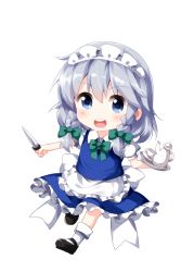 Rule 34 | 1girl, apron, black footwear, blue dress, blue eyes, blush, bow, bowtie, braid, chibi, cup, dress, frilled apron, frills, full body, green bow, green bowtie, hair between eyes, hair bow, highres, holding, holding knife, holding tray, holding weapon, izayoi sakuya, knife, looking at viewer, maid, maid apron, maid headdress, mary janes, open mouth, petticoat, puffy short sleeves, puffy sleeves, ruu (tksymkw), shirt, shoes, short hair, short sleeves, silver hair, simple background, solo, teacup, teapot, touhou, tray, twin braids, waist apron, weapon, white apron, white background, white shirt