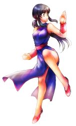 Rule 34 | 1girl, bad id, bad pixiv id, bare arms, bare legs, bare shoulders, black eyes, black hair, breasts, chi-chi (dragon ball), chinese clothes, clenched hand, dragon ball, dragon ball (classic), fighting stance, full body, hano (hanos91), long hair, looking away, open mouth, pink footwear, ponytail, serious, shoes, simple background, solo, solo focus, white background, wristband