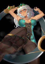 Rule 34 | 1girl, absurdres, barefoot, blush, feet, female focus, foot focus, from below, headdress, highres, league of legends, long hair, looking at viewer, nail polish, open mouth, pantyhose, qiyana (league of legends), silver hair, soles, solo, steam, sweat, toes, yellow eyes