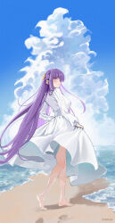Rule 34 | 1girl, bare legs, barefoot, beach, blue sky, blunt bangs, breasts, clothes lift, cloud, cloudy sky, day, dress, expressionless, fern (sousou no frieren), floating hair, full body, hair ornament, highres, long hair, long sleeves, looking at viewer, looking back, medium breasts, ocean, outdoors, puffy sleeves, purple eyes, purple hair, ryudraw, sand, sidelocks, sky, solo, sousou no frieren, twitter username, very long hair, walking, water, white dress
