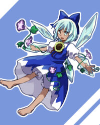 Rule 34 | 1girl, barefoot, bloomers, blue dress, blue eyes, blue hair, blue ribbon, cirno, commentary request, dress, flat chest, flower, hair ribbon, ice, ice wings, kaigen 1025, neck ribbon, open mouth, outline, petunia (flower), pinafore dress, plant, puffy short sleeves, puffy sleeves, purple flower, red ribbon, ribbon, shirt, short hair, short sleeves, simple background, sleeveless, sleeveless dress, smile, solo, sunflower, tan, tanned cirno, touhou, underwear, v-shaped eyebrows, vines, white bloomers, white outline, white shirt, wings