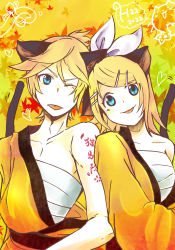 Rule 34 | 1boy, 1girl, :p, ;p, animal ears, arm tattoo, autumn leaves, blonde hair, blue eyes, brother and sister, cat ears, cat tail, dated, gekokujou (vocaloid), hair ornament, hair ribbon, hairclip, highres, japanese clothes, kagamine len, kagamine rin, kimono, one eye closed, ribbon, sarashi, shinigami a, short hair, siblings, side-by-side, swept bangs, tail, tattoo, tongue, tongue out, translation request, twins, vocaloid, wink, yellow theme