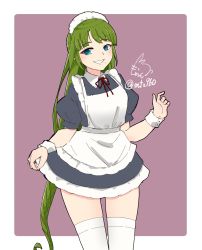 Rule 34 | 1girl, alternate costume, apron, artist logo, black dress, blue eyes, border, braid, commentary request, cowboy shot, dated, dress, enmaided, frilled apron, frills, green hair, highres, kantai collection, long hair, looking at viewer, maid, maid apron, maid headdress, mochizou, mole, mole under mouth, one-hour drawing challenge, single braid, skirt hold, solo, thighhighs, two-tone background, very long hair, white apron, white border, white thighhighs, wrist cuffs, yuugumo (kancolle)