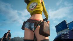 Rule 34 | 10s, 1boy, 1girl, 3d, abs, ass, back, cidney aurum, day, denim, final fantasy, final fantasy xv, from behind, from below, game cg, gladiolus amicitia, holster, jacket, midriff, open clothes, open jacket, pouch, screencap, short shorts, shorts, sky, tan, tanline, underwear