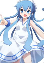 Rule 34 | 1girl, absurdres, aftamc, blue bracelet, blue eyes, blue hair, blue trim, breasts, check commentary, collarbone, commentary request, cowboy shot, dress, hair between eyes, hand out of frame, hat, highres, ikamusume, index finger raised, light blush, long hair, looking at viewer, open mouth, outstretched arms, pointing, shinryaku! ikamusume, simple background, sleeveless, sleeveless dress, small breasts, smile, solo, squid girl, squid hat, standing, tentacle hair, white background, white dress, white hat