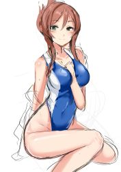 Rule 34 | 10s, 1girl, arm between breasts, bare shoulders, between breasts, breasts, brown hair, competition swimsuit, covered navel, folded ponytail, green eyes, gundam, gundam build fighters, gundam build fighters try, hair bun, highres, kamiki mirai, md5 mismatch, one-piece swimsuit, red hair, resized, solo, swimsuit, yoshizawa tsubaki