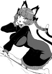 Rule 34 | 1girl, absurdres, animal ears, braid, cat ears, cat girl, cat tail, dress, extra ears, frilled dress, frilled sleeves, frills, greyscale, highres, himajin noizu, juliet sleeves, kaenbyou rin, long sleeves, mary janes, monochrome, multiple tails, nekomata, puffy sleeves, shoes, solo, tail, touhou, twin braids, two tails