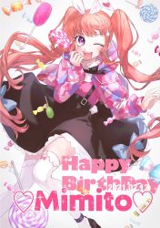 Rule 34 | 1girl, ;d, animal ears, black ribbon, black skirt, blue bow, blush, bow, candy, character name, denonbu, food, hair ornament, hairpin, happy birthday, headband, heart, heart-shaped lollipop, highres, holding, holding candy, holding food, holding lollipop, hood, hoodie, lollipop, long hair, long sleeves, looking at viewer, met tiger, one eye closed, open mouth, pink eyes, pink hair, pink hoodie, rabbit ears, rabbit hair ornament, rabbit tail, ribbon, sakurano mimito, shaped lollipop, skirt, smile, solo, swirl lollipop, tail, thighhighs, twintails, very long hair, white thighhighs
