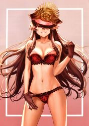 Rule 34 | 1girl, absurdres, bare shoulders, black gloves, black hair, blush, bow, bow bra, bow panties, bra, breasts, cleavage, collarbone, cowboy shot, family crest, fate/grand order, fate (series), gloves, gradient background, hair between eyes, hair over one eye, hand up, hat, head tilt, highres, lingerie, long hair, looking at viewer, mashuu (neko no oyashiro), medium breasts, navel, oda nobunaga (fate), oda nobunaga (koha-ace), panties, panty pull, panty tug, parted lips, peaked cap, pulled by self, red bra, red eyes, red panties, scan, sidelocks, signature, simple background, smile, solo, stomach, swept bangs, thighs, underwear, underwear only, very long hair