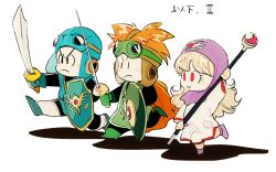 Rule 34 | 1girl, 2boys, blonde hair, blue footwear, blush stickers, cape, chibi, copyright name, dragon quest, dragon quest ii, eyelashes, frown, goggles, goggles on headwear, green footwear, holding, holding shield, holding staff, mari-mason, multiple boys, orange cape, orange hair, prince of lorasia, prince of samantoria, princess of moonbrook, purple footwear, rapier, red eyes, robe, shield, short hair, simple background, smile, staff, sword, weapon, white background