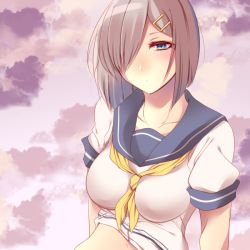 Rule 34 | 10s, 1girl, bad id, bad pixiv id, between breasts, blue eyes, breasts, cloud, cloudy sky, collarbone, facing viewer, hair ornament, hair over one eye, hairclip, hamakaze (kancolle), kantai collection, large breasts, looking away, neckerchief, one eye covered, purple sky, sailor collar, school uniform, serafuku, shisei (kyuushoku banchou), short hair, short sleeves, silver hair, sky, solo, upper body, yellow neckerchief