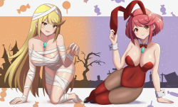 Rule 34 | 2girls, absurdres, alternate costume, animal ears, arm support, bandages, blonde hair, bow, bowtie, breasts, chest jewel, commentary request, covered navel, detached collar, earrings, fake animal ears, full body, halloween, highres, jewelry, large breasts, leotard, long hair, looking at viewer, lying, multiple girls, mummy, mummy costume, mythra (xenoblade), naked bandage, on side, pantyhose, playboy bunny, pyra (xenoblade), rabbit ears, red eyes, red hair, ryochan96154, short hair, solo, strapless, strapless leotard, swept bangs, thighhighs, tombstone, very long hair, wrist cuffs, xenoblade chronicles (series), xenoblade chronicles 2, yellow eyes