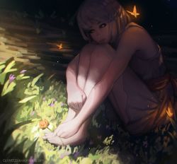 Rule 34 | 1girl, bare arms, bare shoulders, barefoot, brown hair, bug, butterfly, closed mouth, commission, deviantart username, dress, flower, grass, guweiz, insect, legs together, light particles, original, purple dress, red eyes, sash, shade, short dress, short hair, sitting, solo
